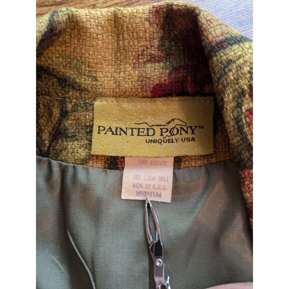 Vintage Painted Pony Womens Floral Tapestry Blazer Jacket Medium Tan Red Ruffle - Picture 5 of 8